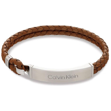 Ανδρικό βραχιόλι Calvin Klein 35000405 από καφέ δέρμα με ασημί αγκράφα.